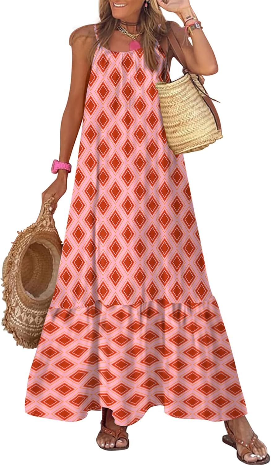 Spaghetti Strap Scoop Neck Smocked Ruffle Flowy Boho  Dress