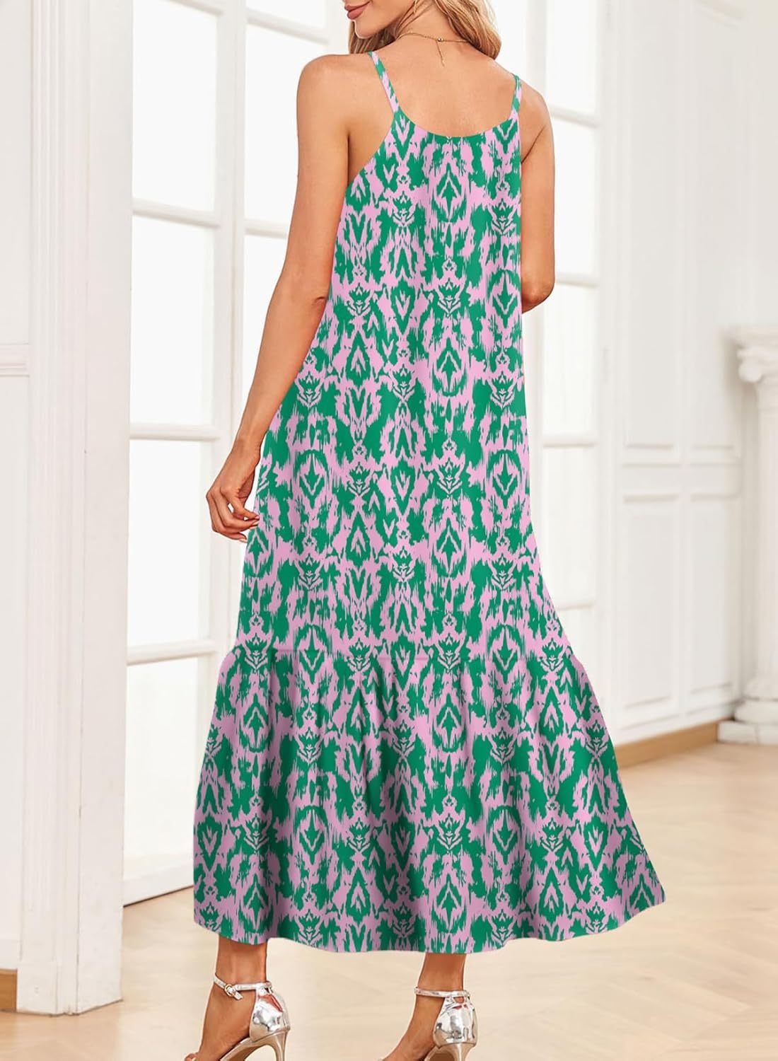  Spaghetti Strap Scoop Neck Smocked Ruffle Flowy Boho  Dress