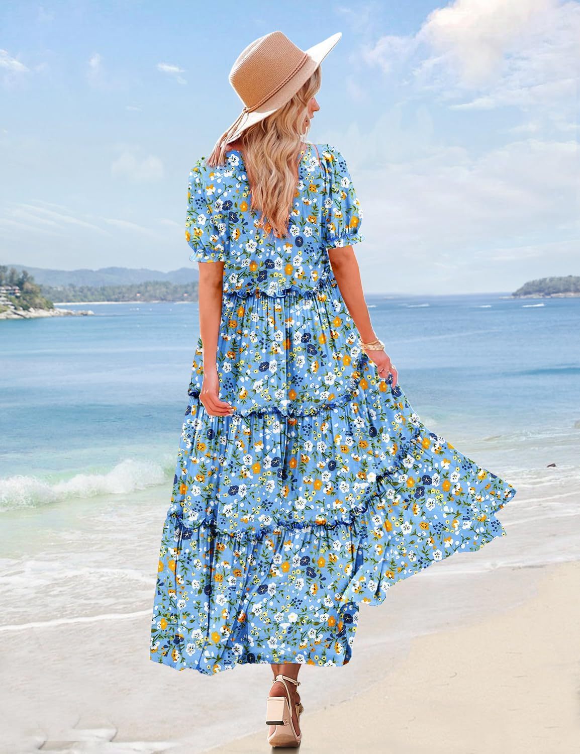 Summer Casual Bohemian Floral Dresses for Women Puff Short Sleeve Long Maxi Dress