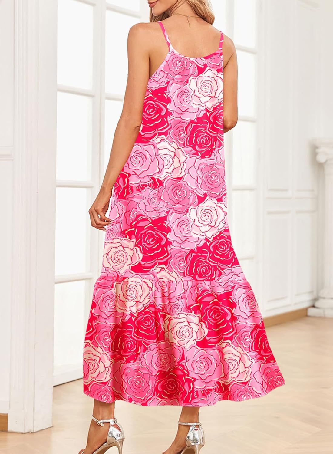  Spaghetti Strap Scoop Neck Smocked Ruffle Flowy Boho  Dress