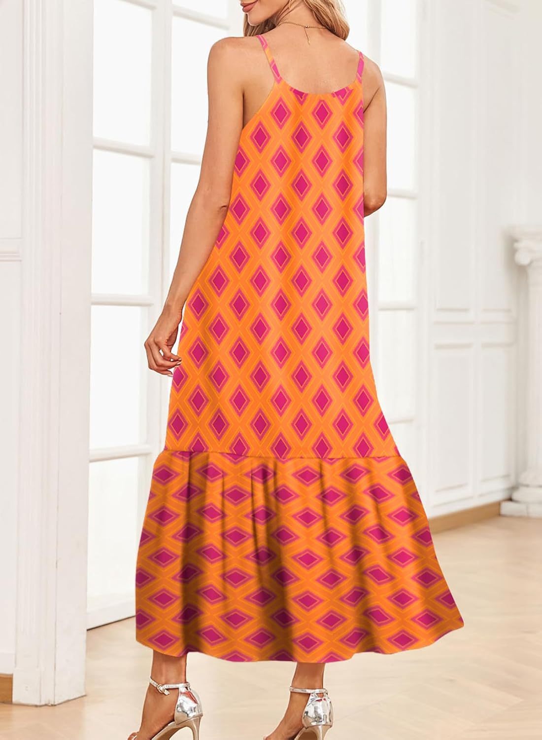  Spaghetti Strap Scoop Neck Smocked Ruffle Flowy Boho  Dress