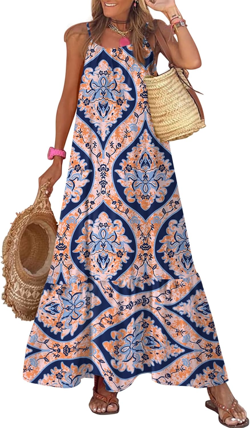  Spaghetti Strap Scoop Neck Smocked Ruffle Flowy Boho  Dress