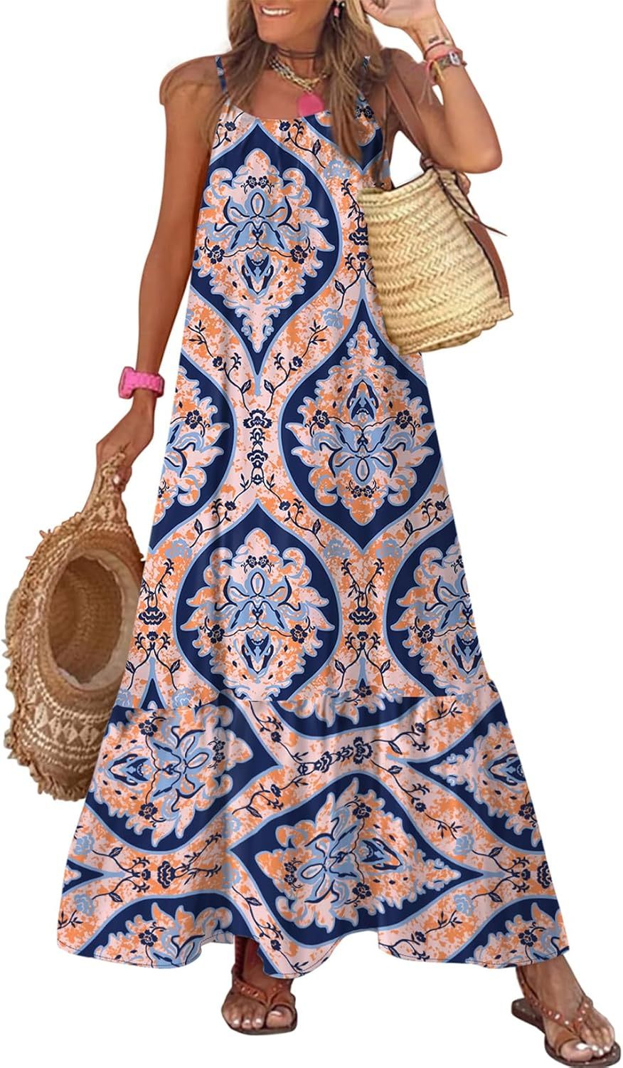  Spaghetti Strap Scoop Neck Smocked Ruffle Flowy Boho  Dress