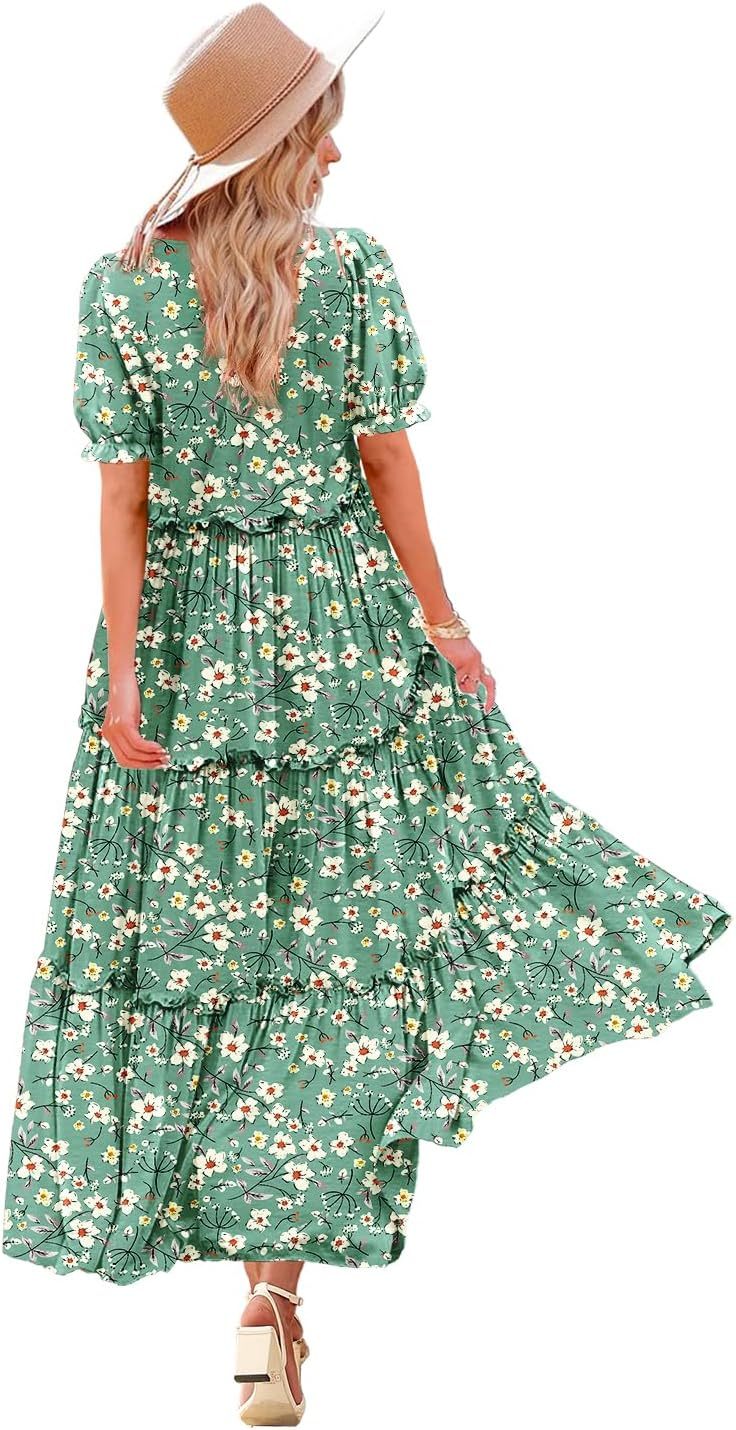 Summer Casual Bohemian Floral Dresses for Women Puff Short Sleeve Long Maxi Dress