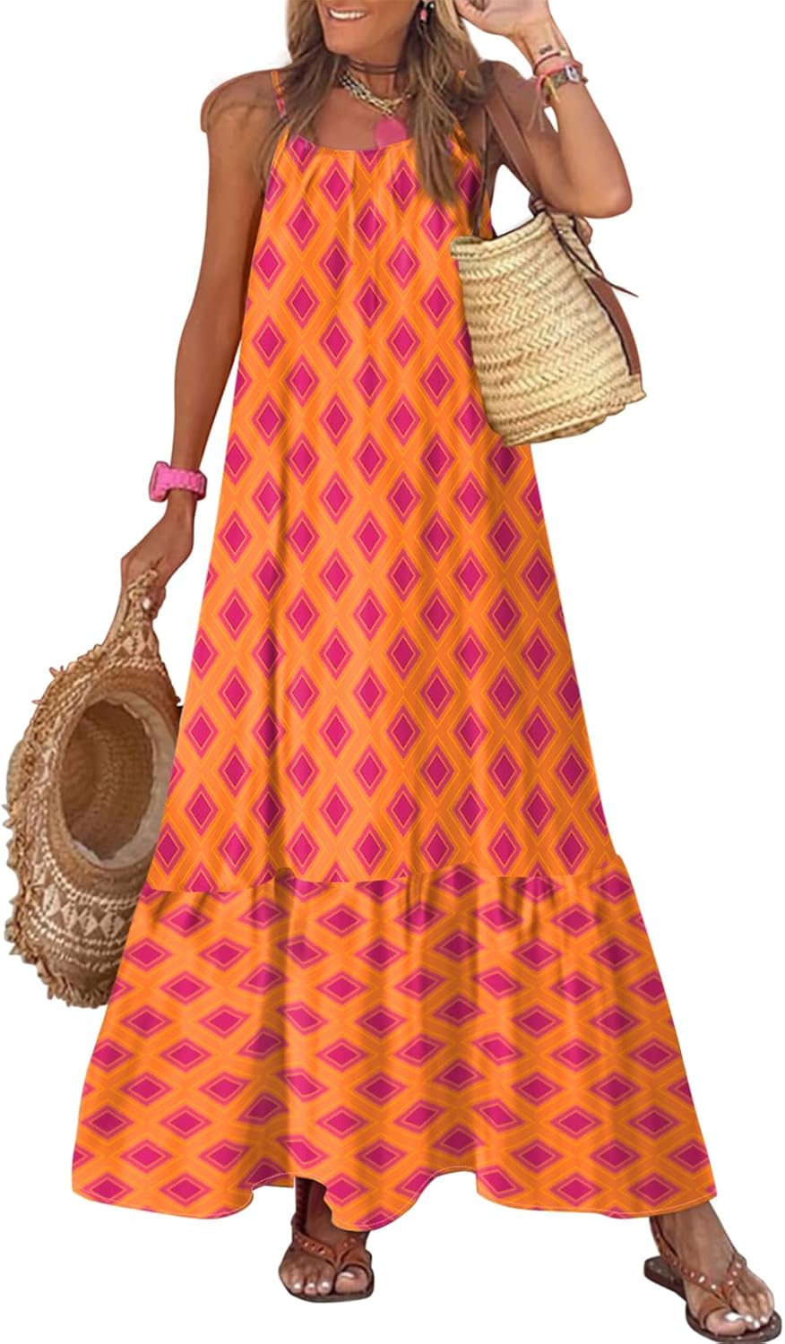 Women Summer Dre Spaghetti Strap Scoop Neck Smocked Ruffle Flowy Boho