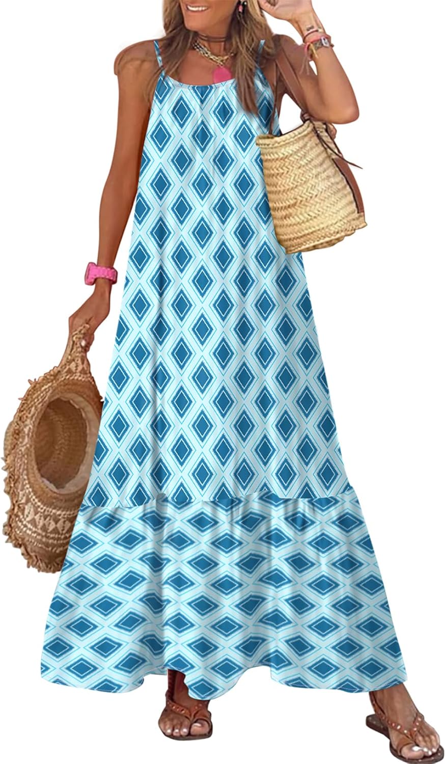  Spaghetti Strap Scoop Neck Smocked Ruffle Flowy Boho  Dress