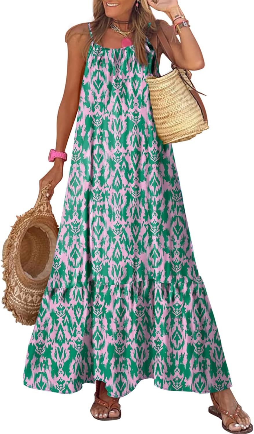  Spaghetti Strap Scoop Neck Smocked Ruffle Flowy Boho  Dress