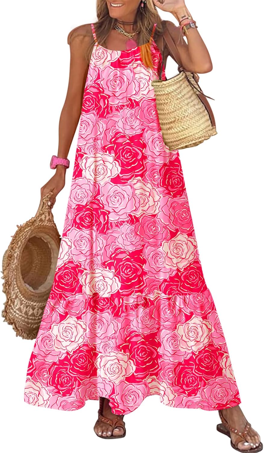  Spaghetti Strap Scoop Neck Smocked Ruffle Flowy Boho  Dress