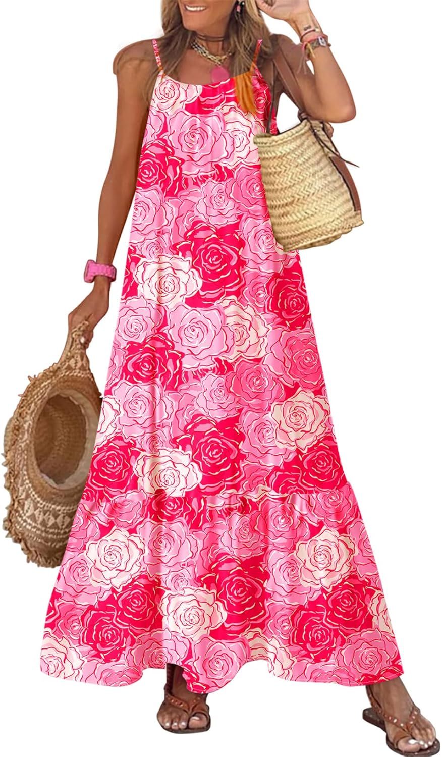  Spaghetti Strap Scoop Neck Smocked Ruffle Flowy Boho  Dress