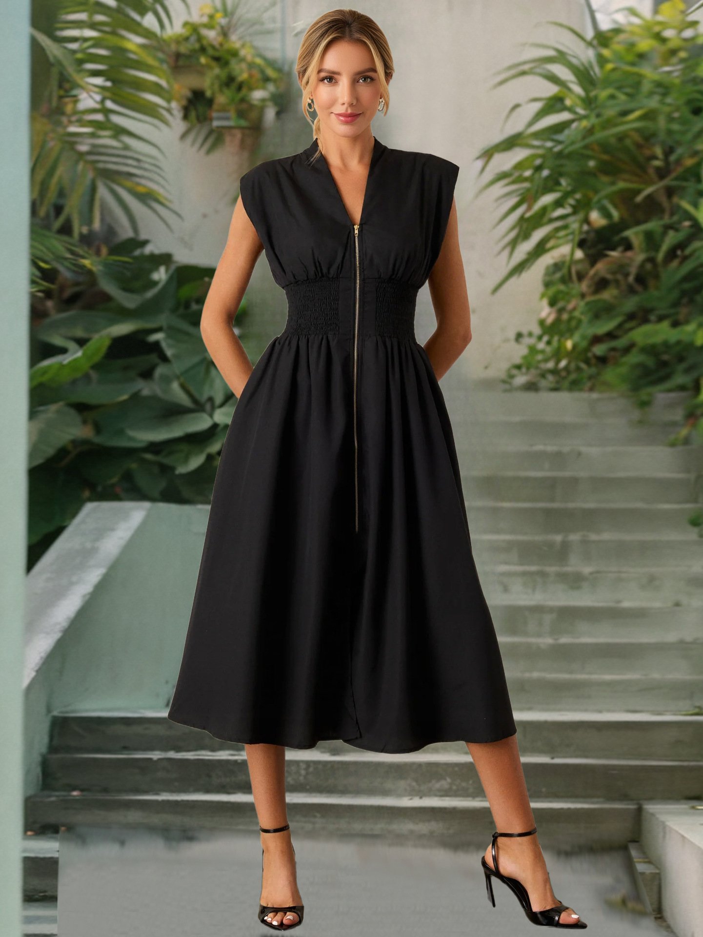 Women's Summer Smocked Midi Sundress – V-Neck Zipper Dress 