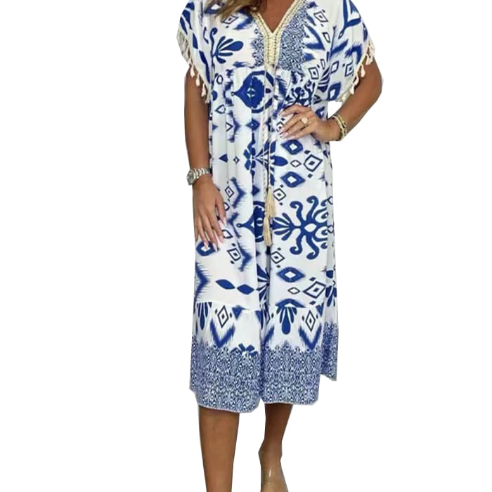 Printed Casual Dress With V-Neckline and Fringes on the Short Sleeves