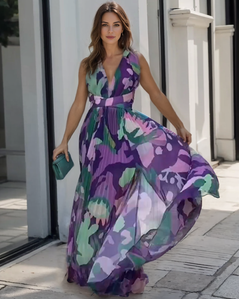 Sleeveless Contrasting Floral Print Pleated  Dress