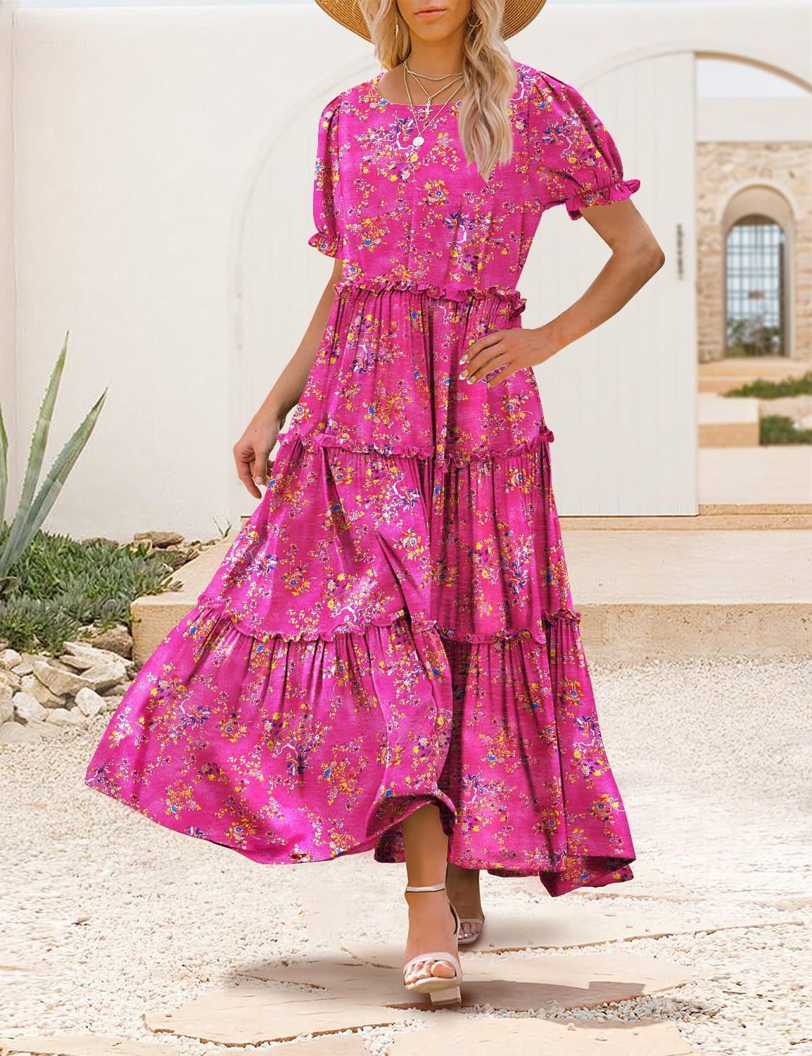 Summer Casual Bohemian Floral Dresses for Women Puff Short Sleeve Long Maxi Dress