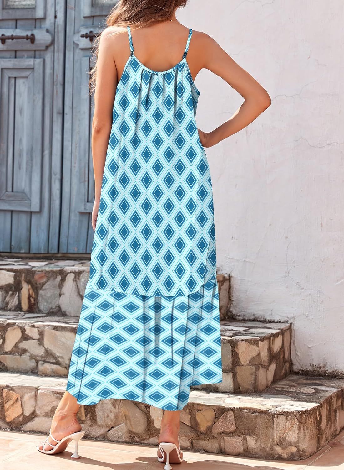  Spaghetti Strap Scoop Neck Smocked Ruffle Flowy Boho  Dress