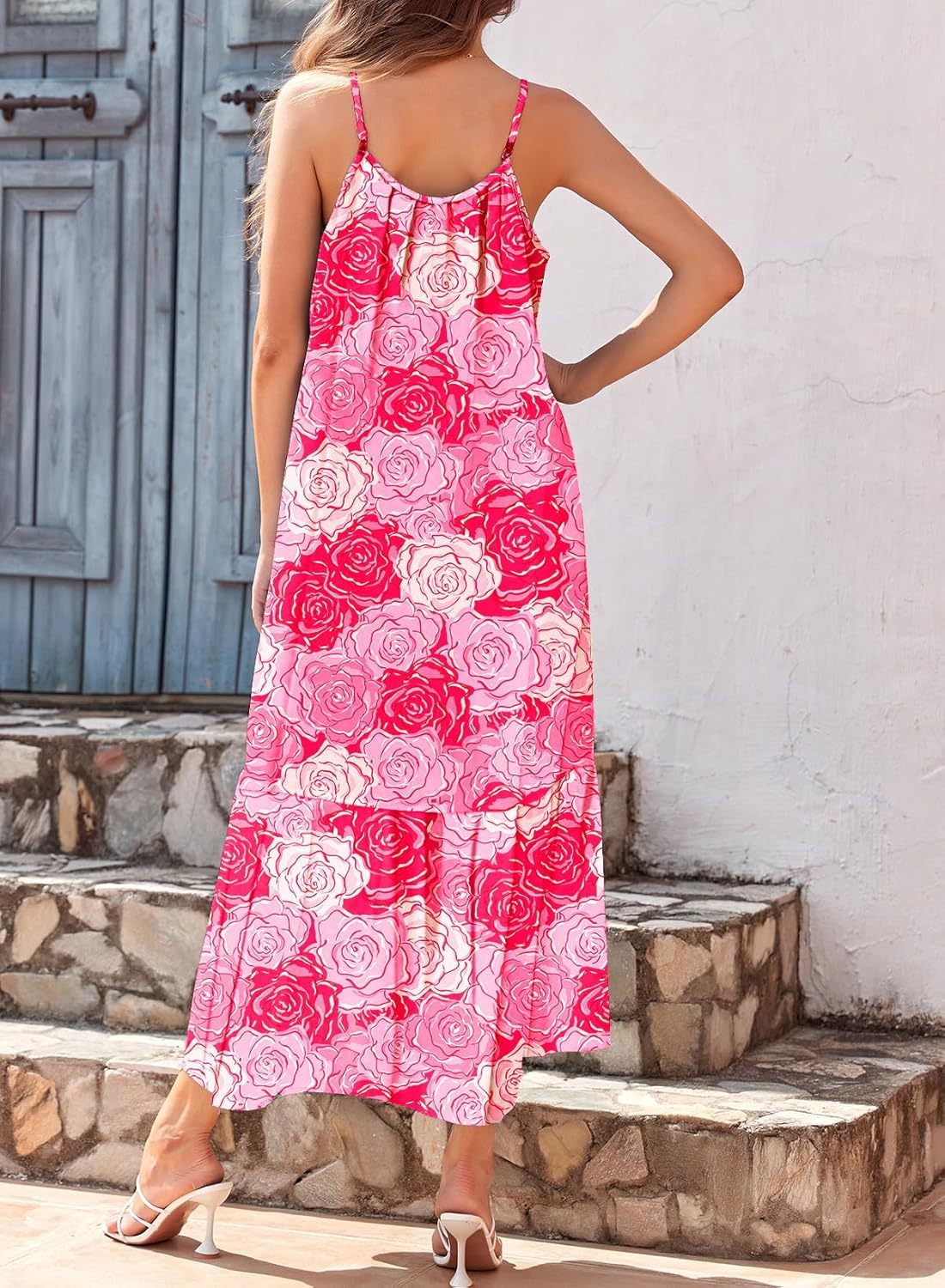  Spaghetti Strap Scoop Neck Smocked Ruffle Flowy Boho  Dress