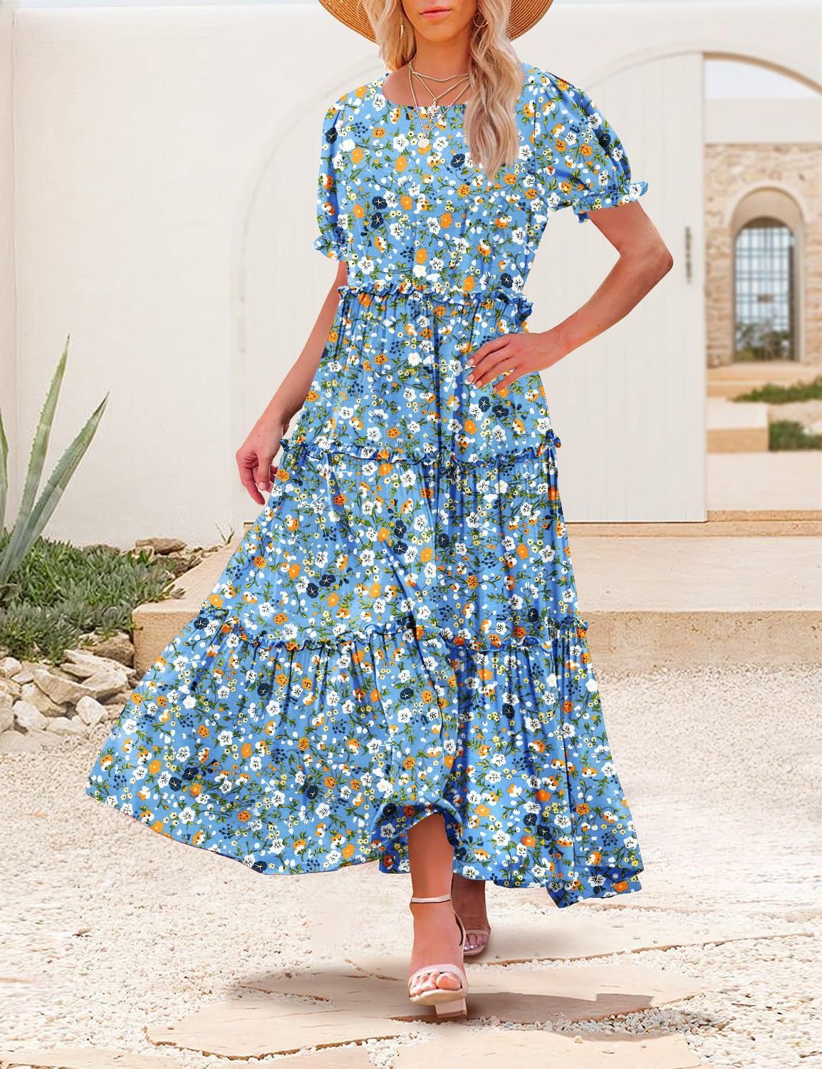 Summer Casual Bohemian Floral Dresses for Women Puff Short Sleeve Long Maxi Dress