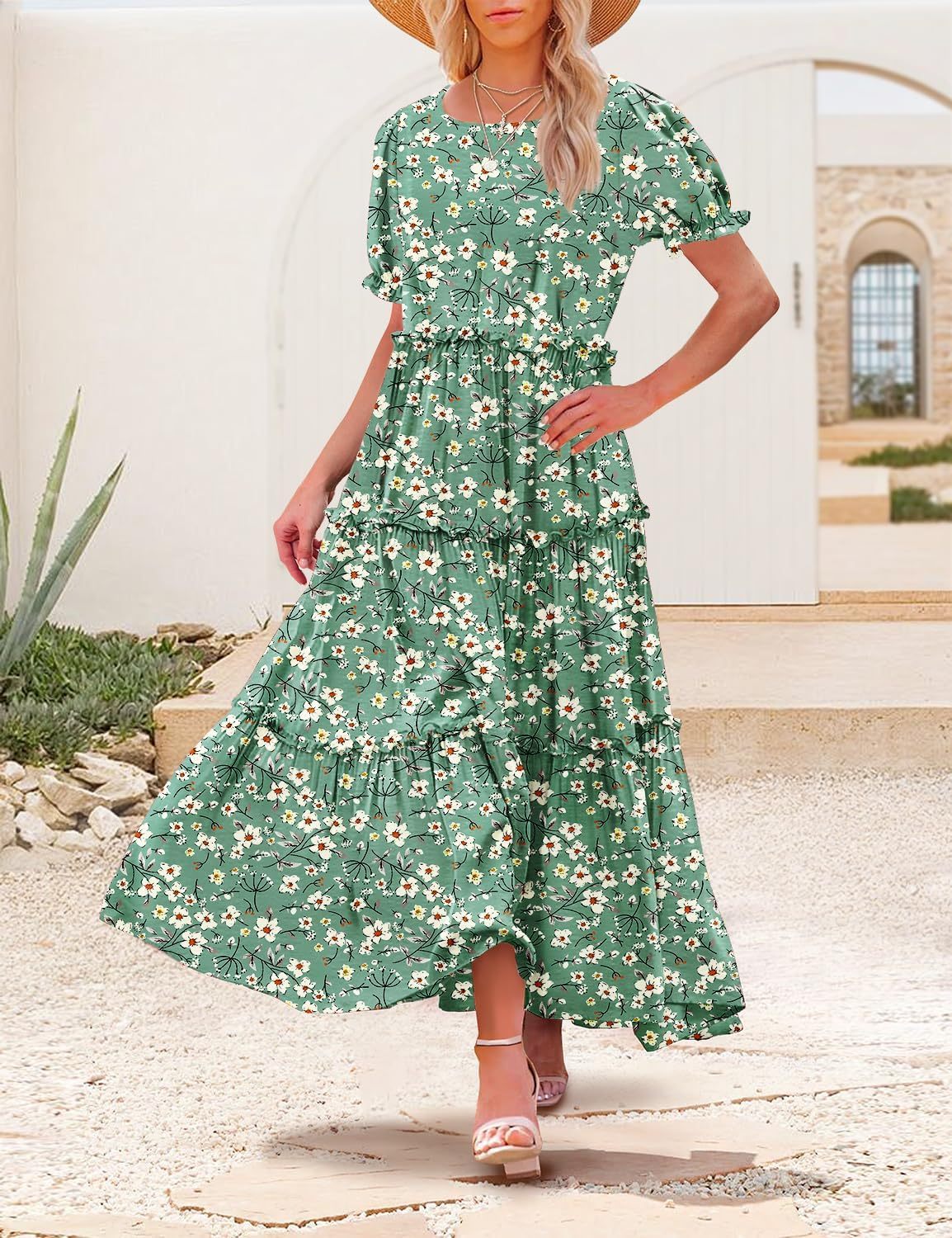 Summer Casual Bohemian Floral Dresses for Women Puff Short Sleeve Long Maxi Dress