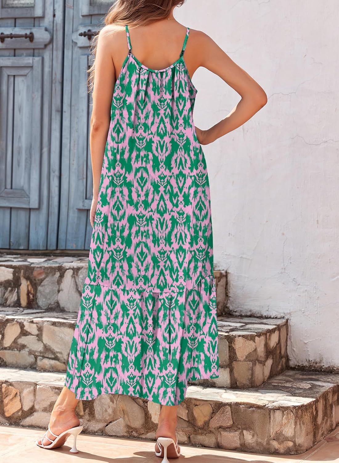  Spaghetti Strap Scoop Neck Smocked Ruffle Flowy Boho  Dress