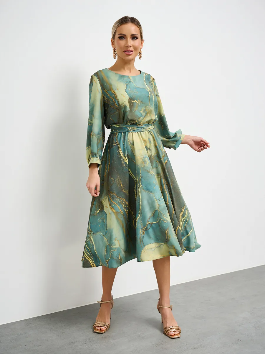 Printed Waisted French Long Sleeve Dress