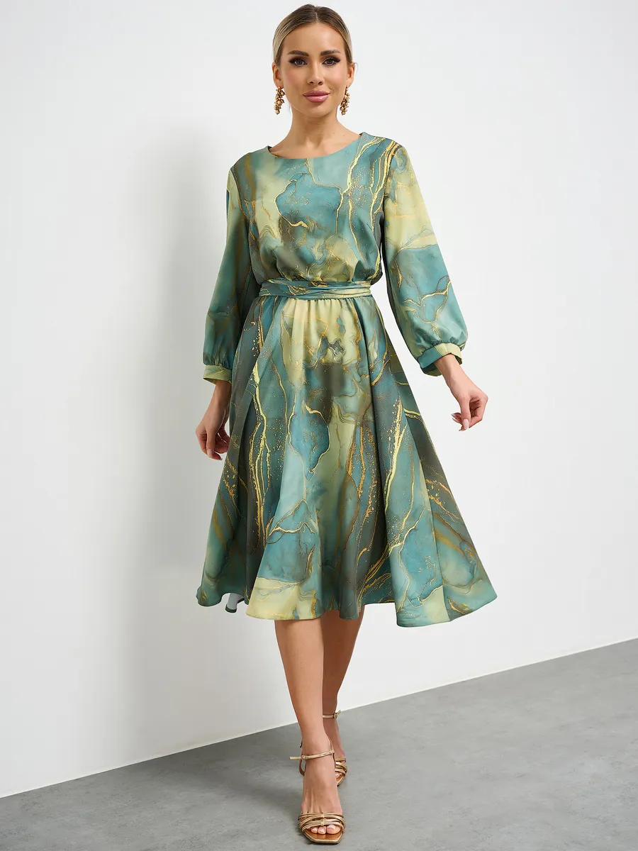 Printed Waisted French Long Sleeve Dress