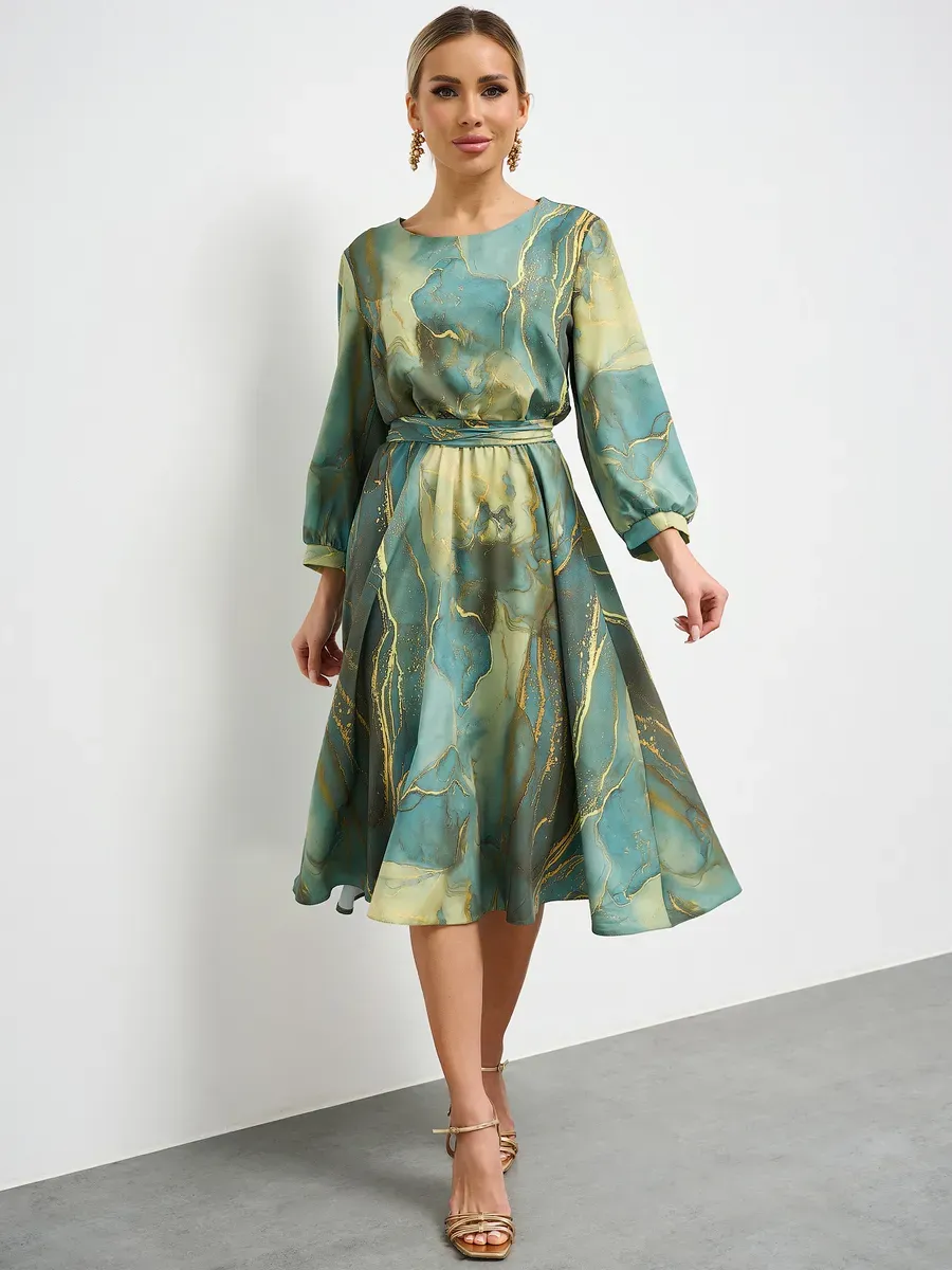 Printed Waisted French Long Sleeve Dress