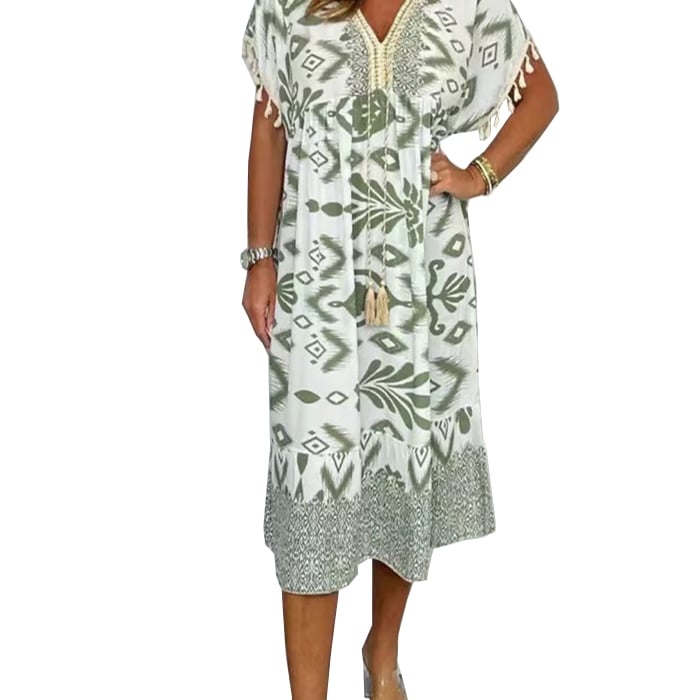 Printed Casual Dress With V-Neckline and Fringes on the Short Sleeves