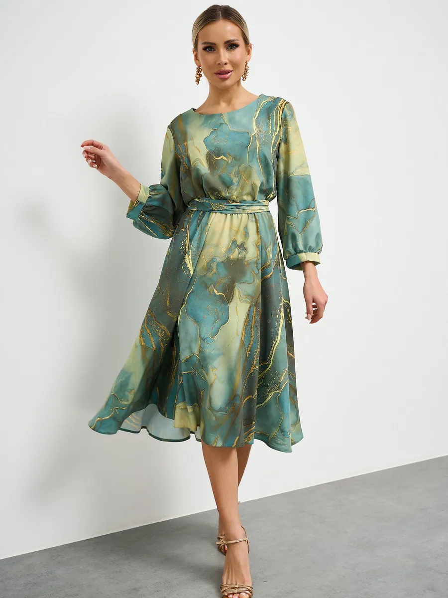 Printed Waisted French Long Sleeve Dress