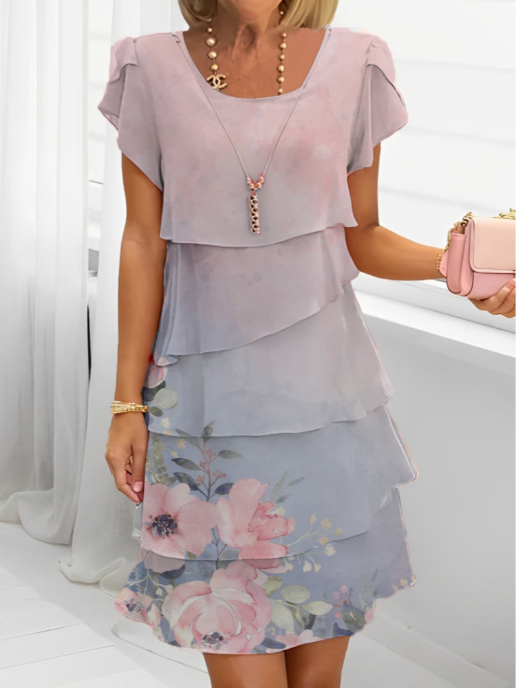 Gradient Floral Print Multilayered Tunic Dress