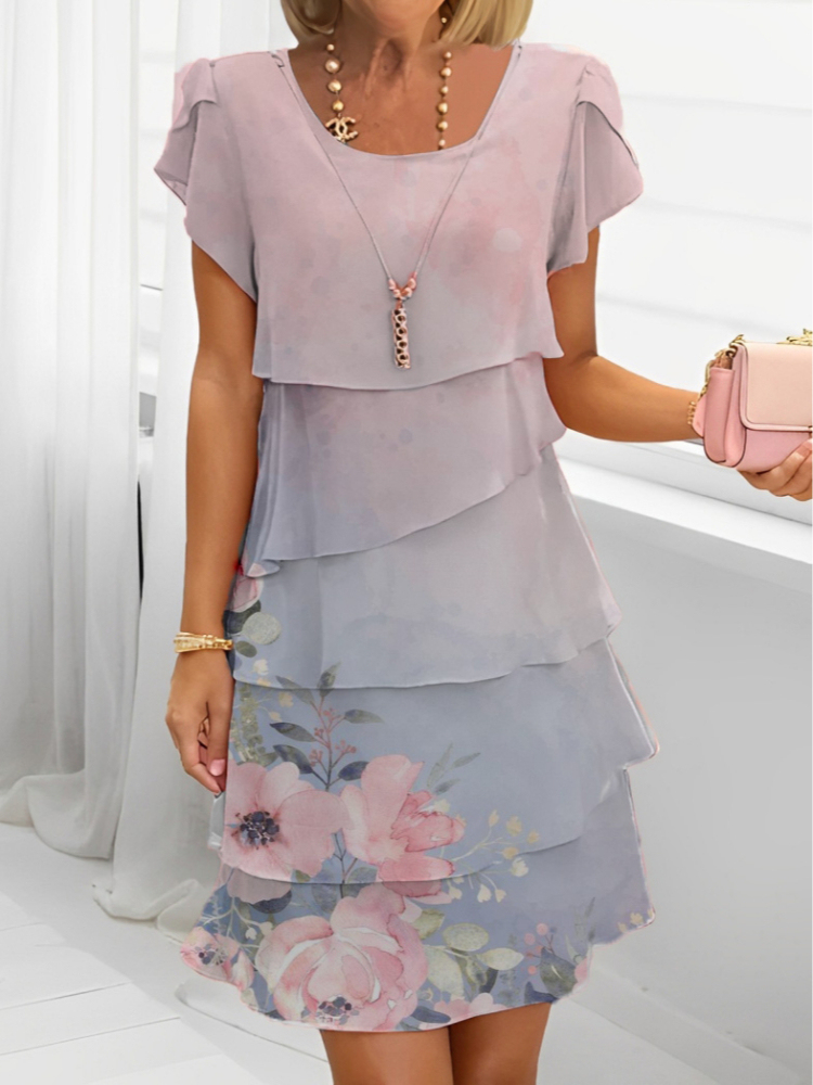 Gradient Floral Print Multilayered Tunic Dress