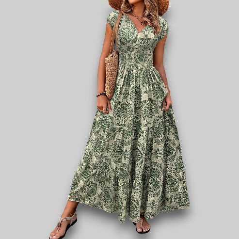 Printed V-neck long-sleeved swing dress