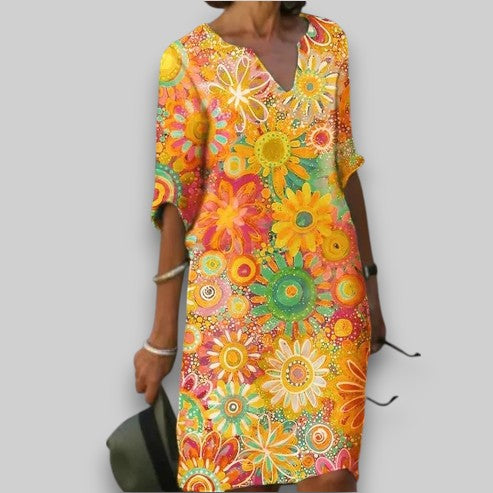 Printed Multicolor Casual Short Sleeve V Neck Dress
