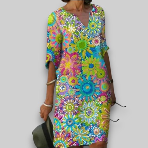 Printed Multicolor Casual Short Sleeve V Neck Dress