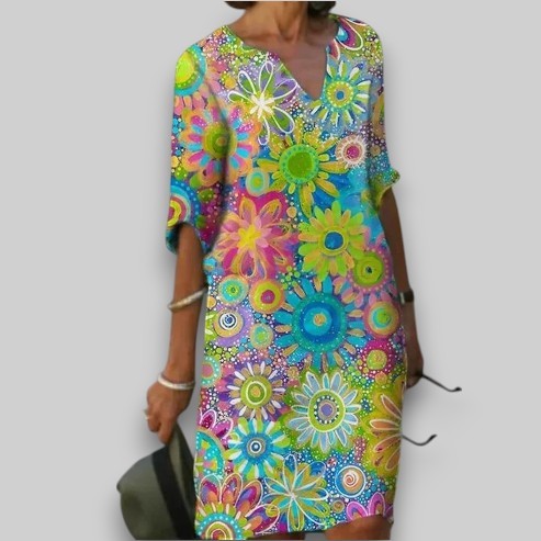 Printed Multicolor Casual Short Sleeve V Neck Dress