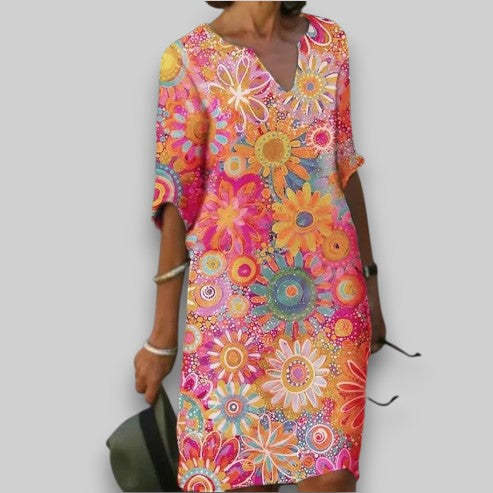 Printed Multicolor Casual Short Sleeve V Neck Dress