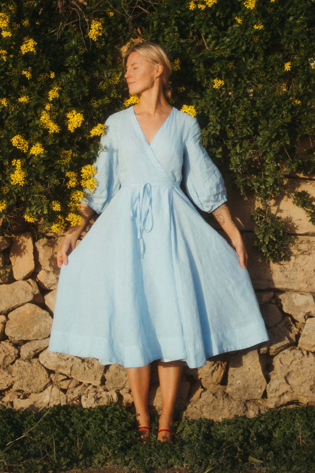 Solid color loose high waist cotton and linen dress