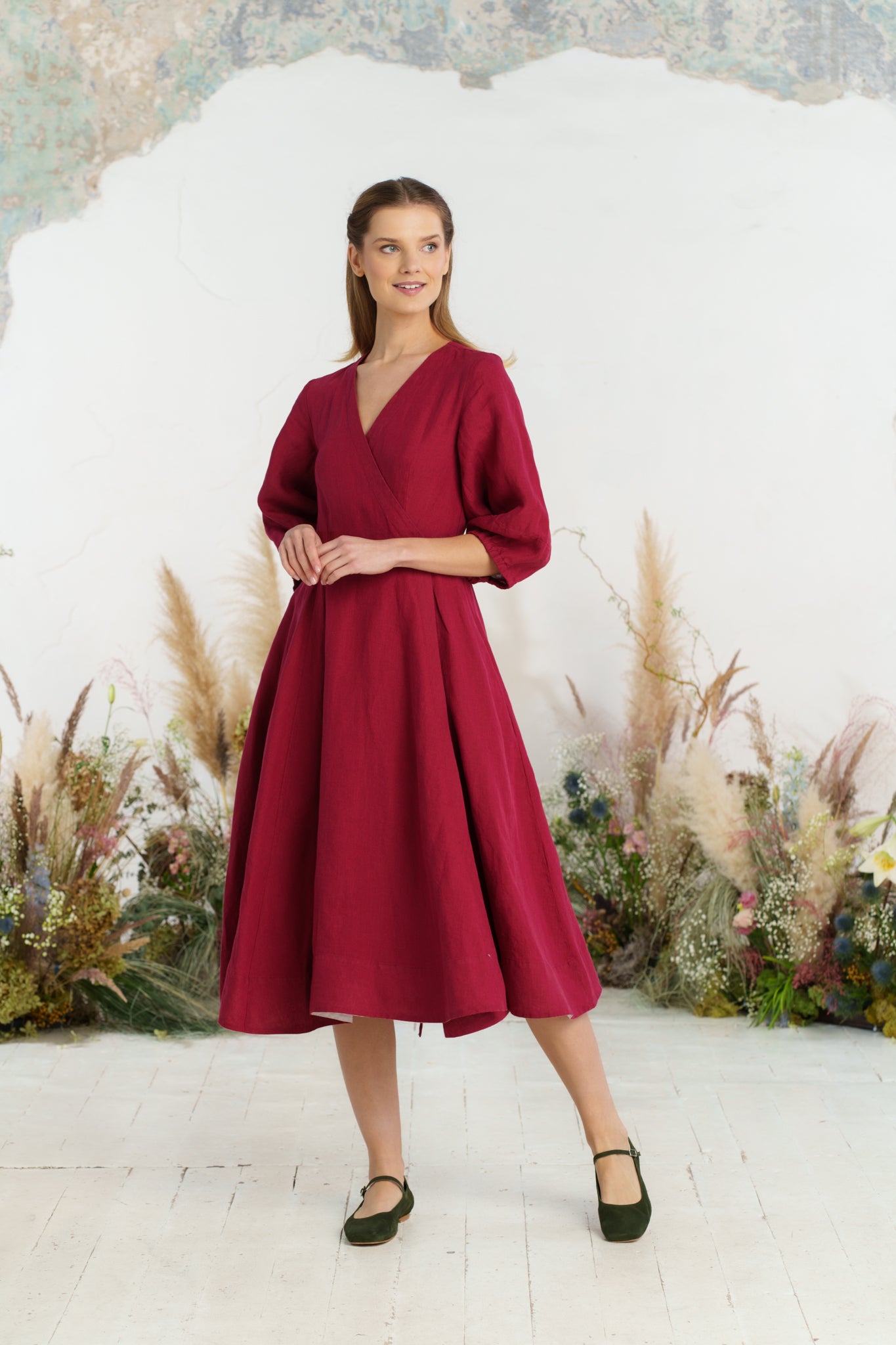 Solid color loose high waist cotton and linen dress