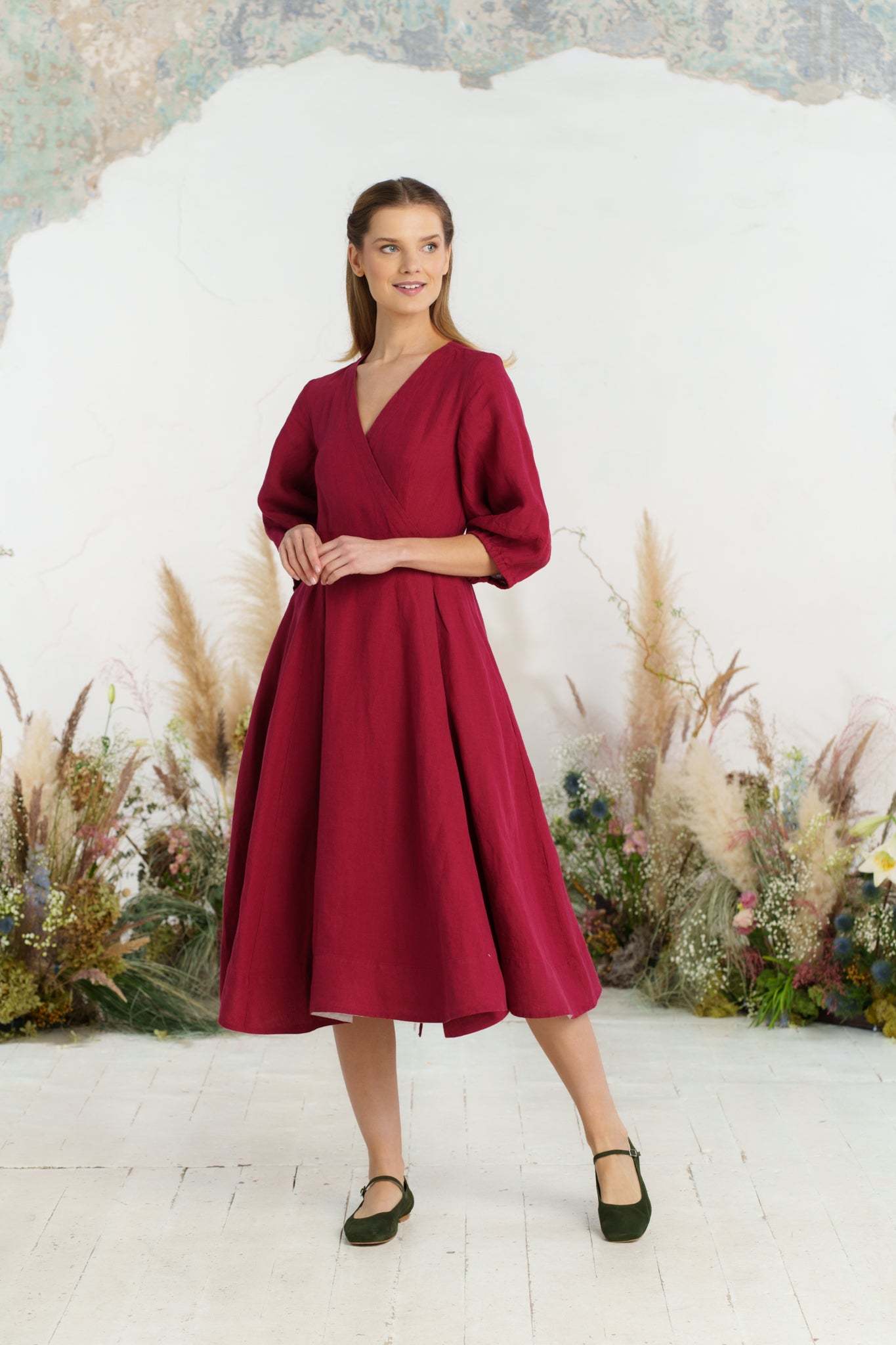 Solid color loose high waist cotton and linen dress