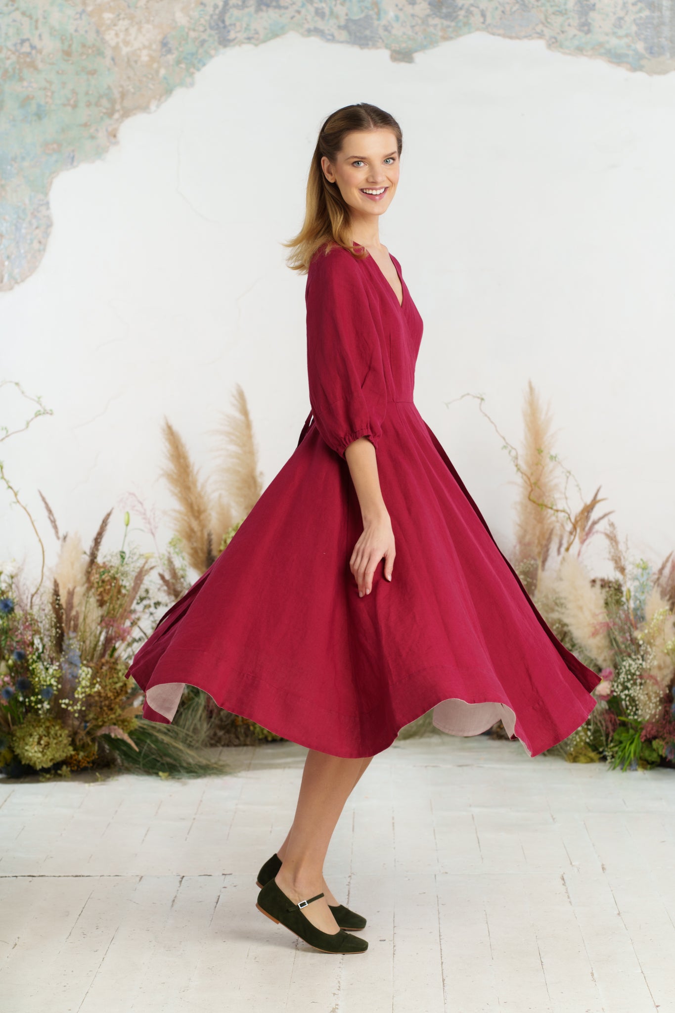 Solid color loose high waist cotton and linen dress