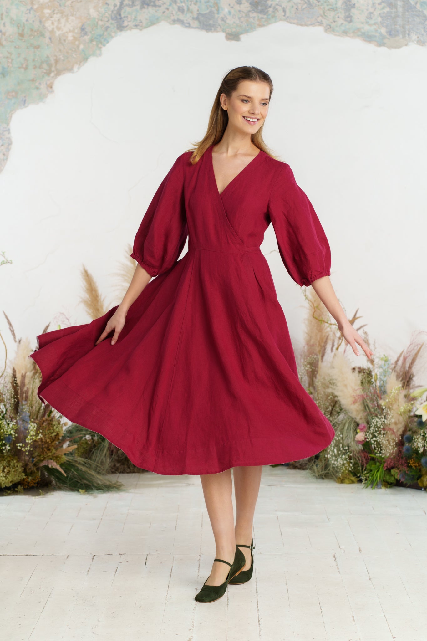 Solid color loose high waist cotton and linen dress
