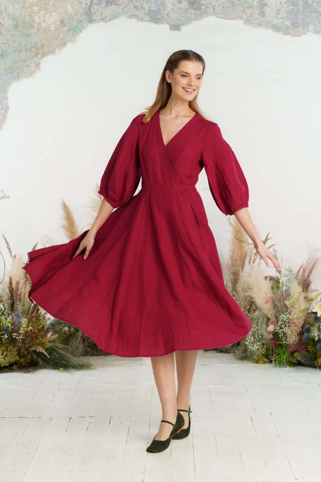 Solid color loose high waist cotton and linen dress