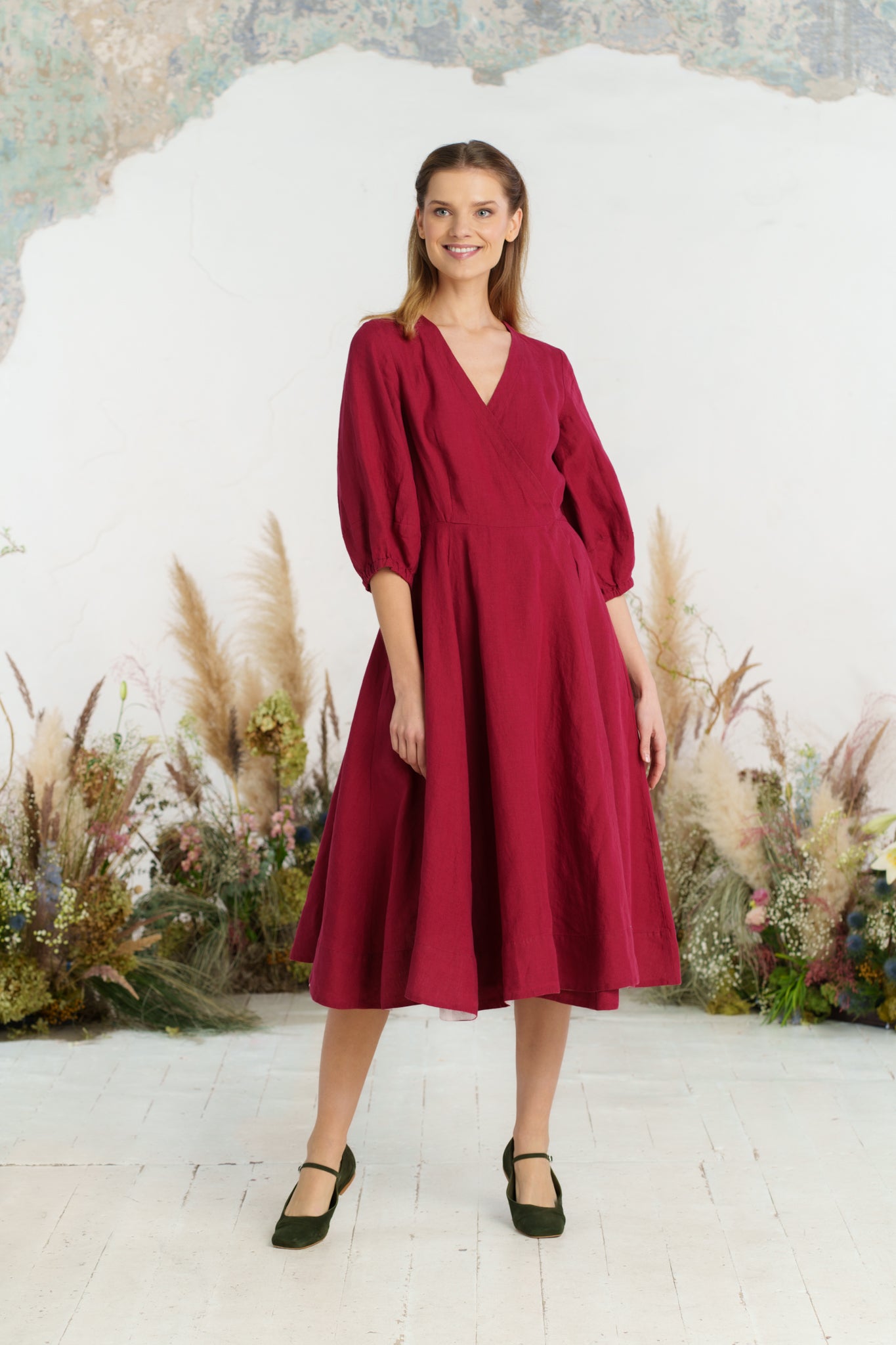 Solid color loose high waist cotton and linen dress