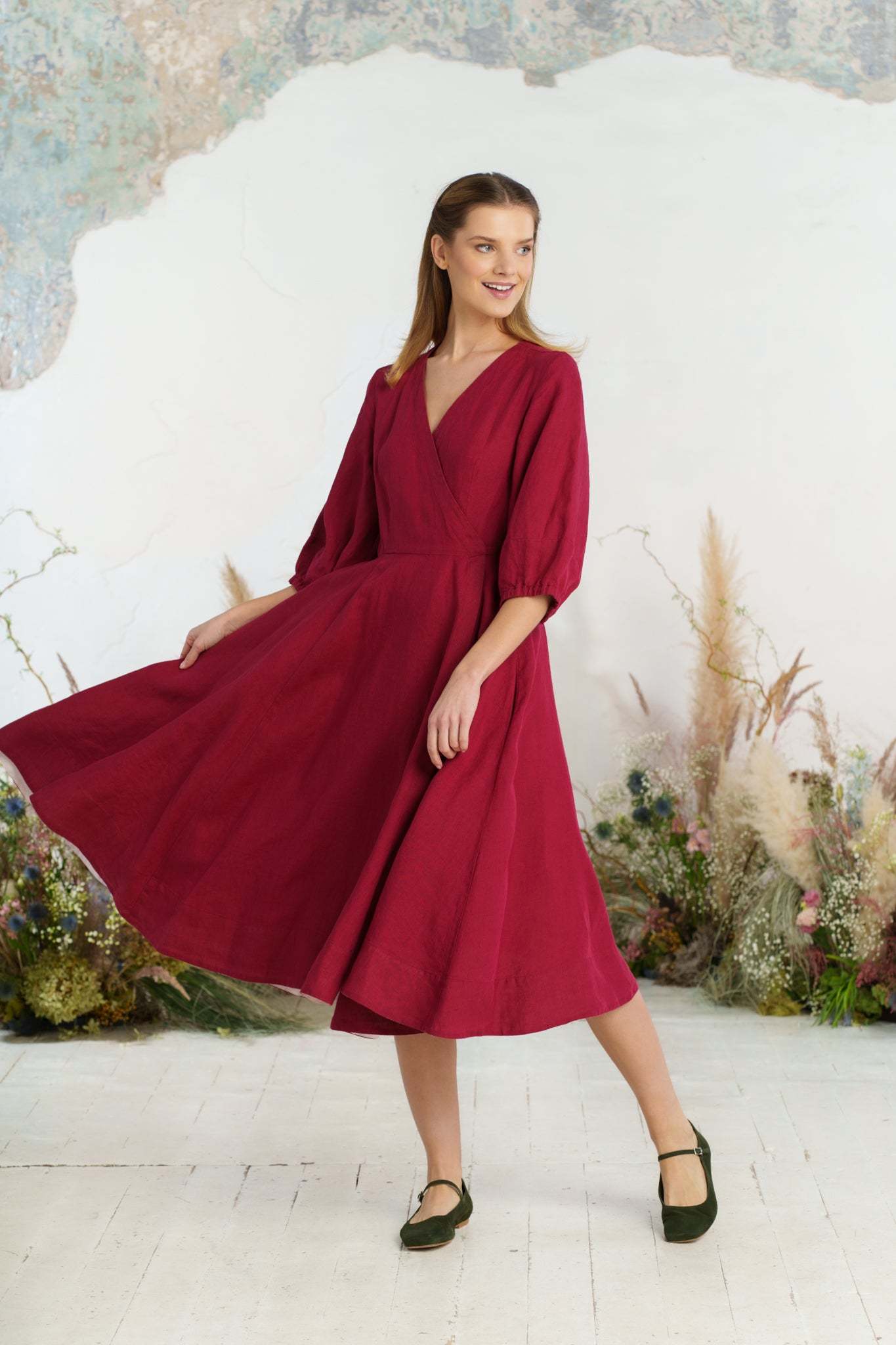 Solid color loose high waist cotton and linen dress