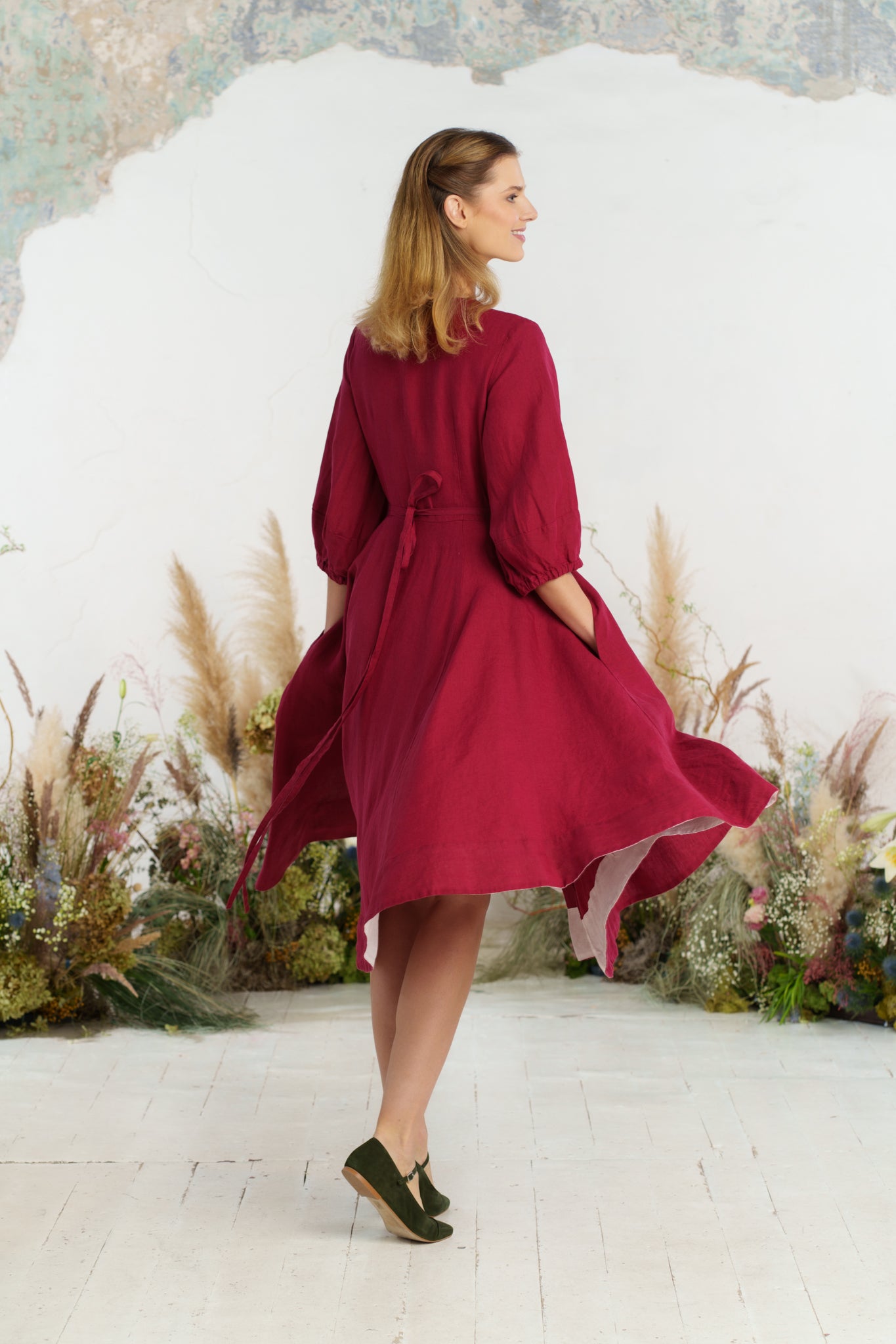 Solid color loose high waist cotton and linen dress