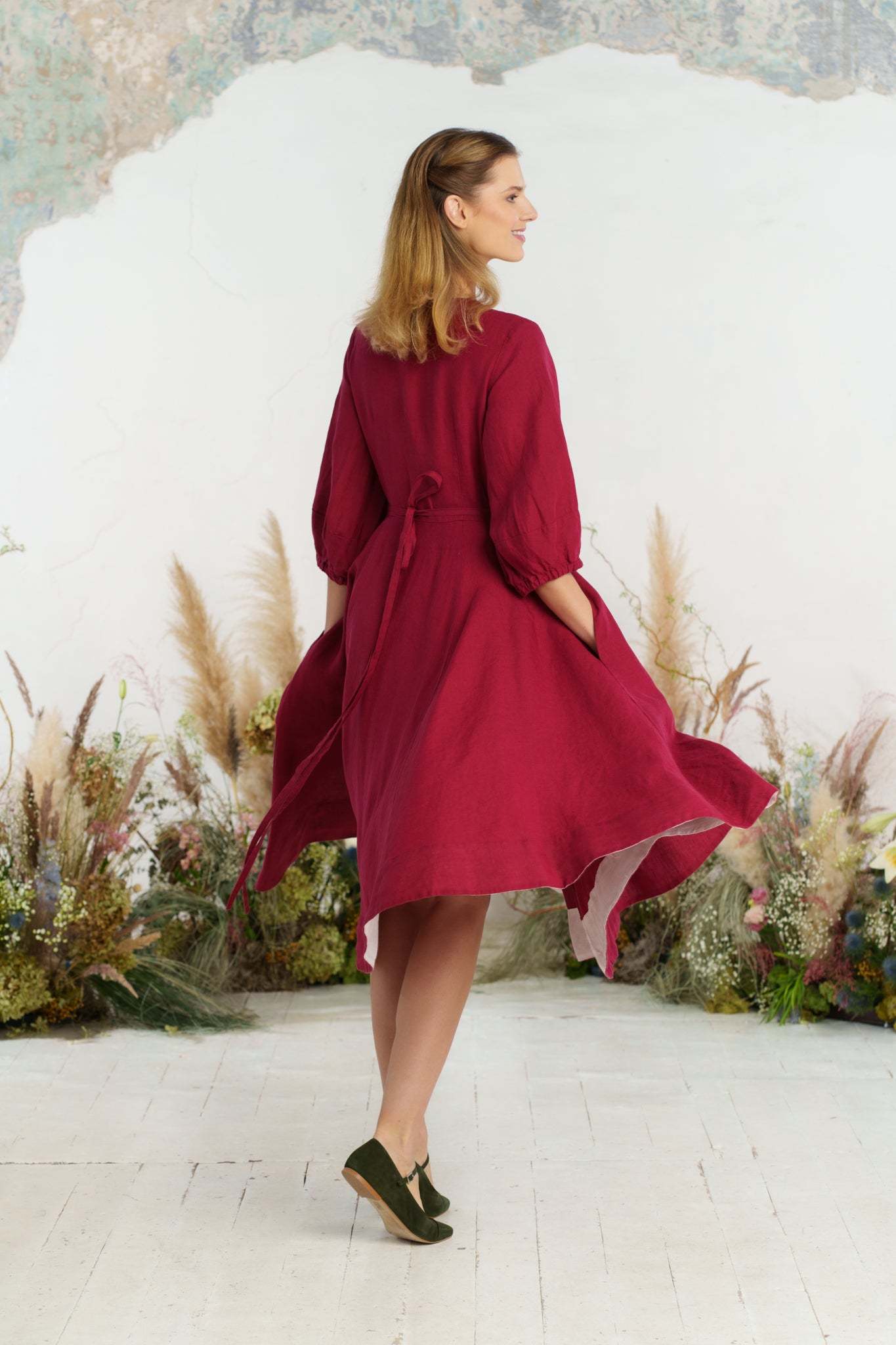 Solid color loose high waist cotton and linen dress