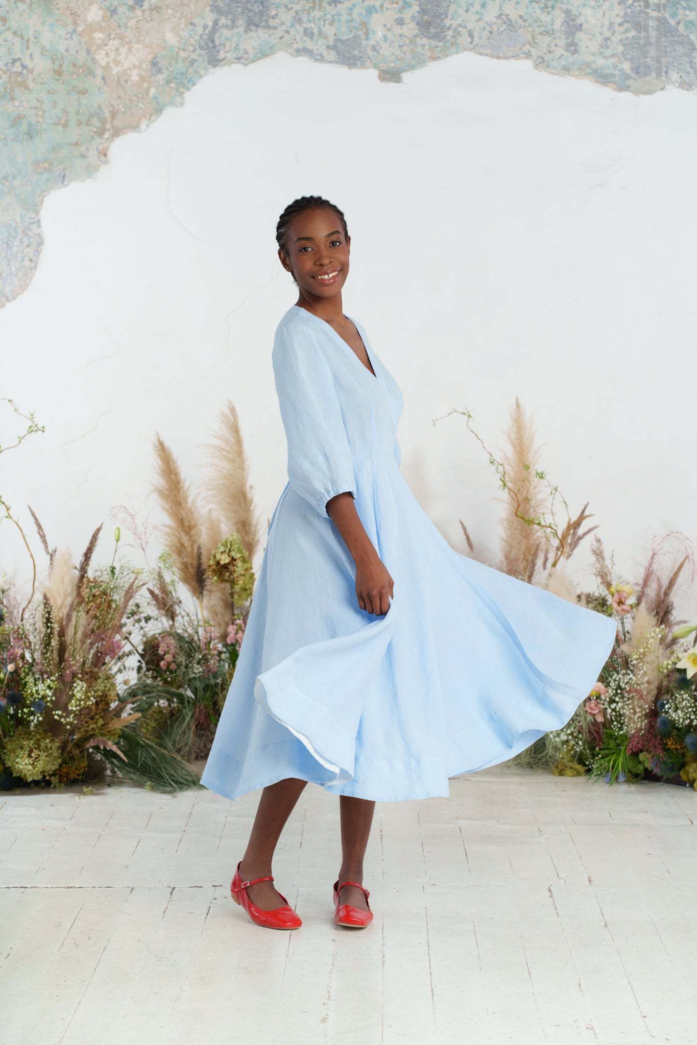 Solid color loose high waist cotton and linen dress