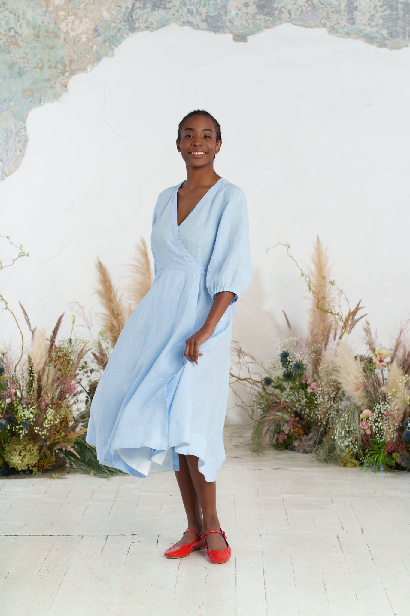 Solid color loose high waist cotton and linen dress