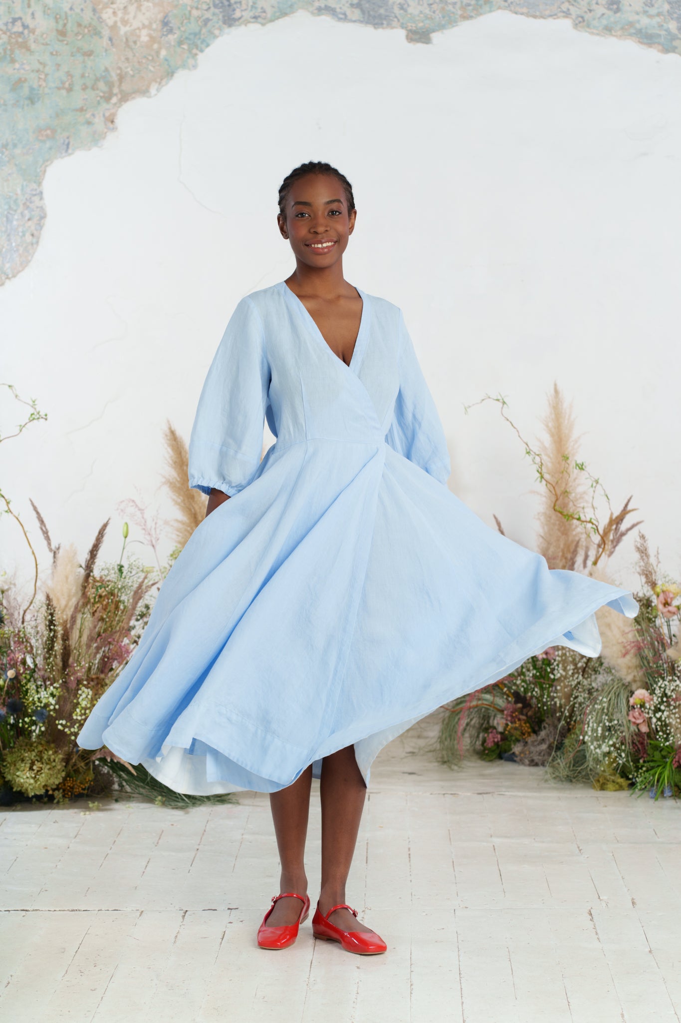 Solid color loose high waist cotton and linen dress