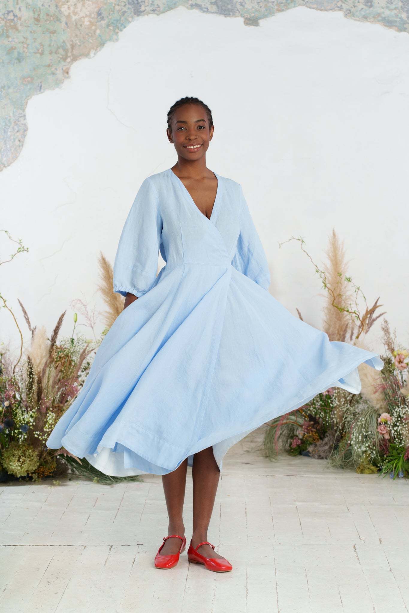 Solid color loose high waist cotton and linen dress