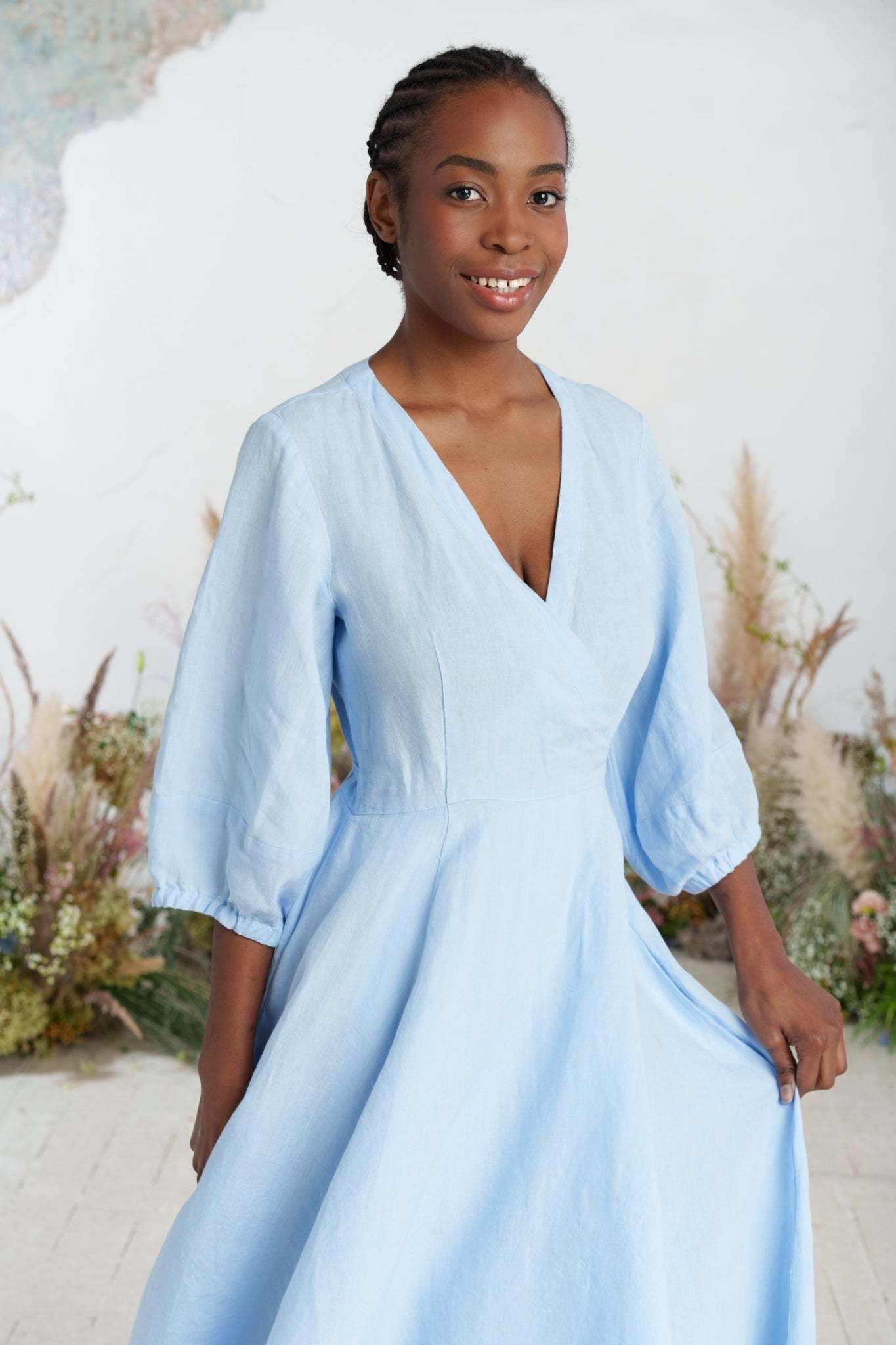 Solid color loose high waist cotton and linen dress