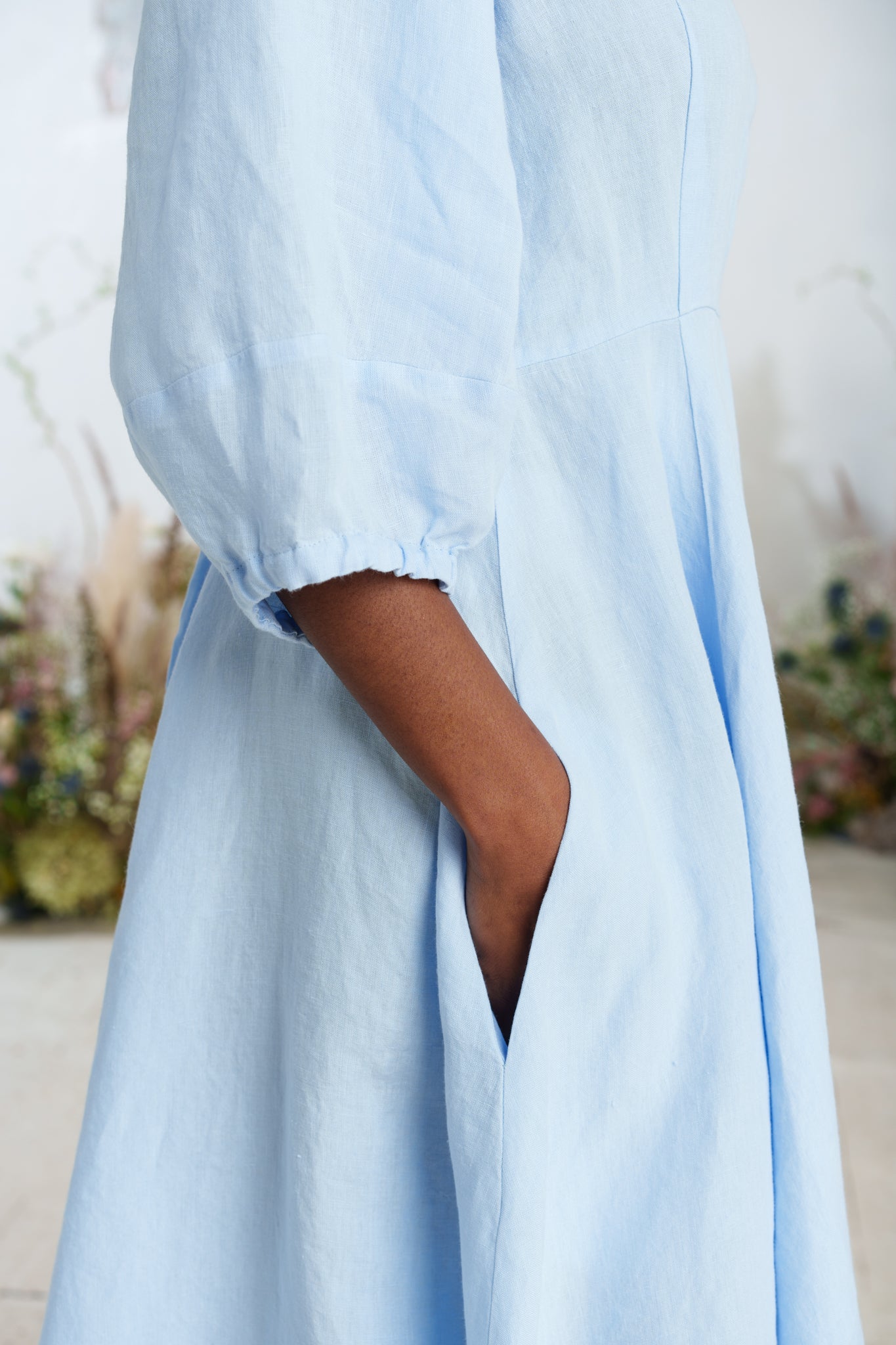 Solid color loose high waist cotton and linen dress